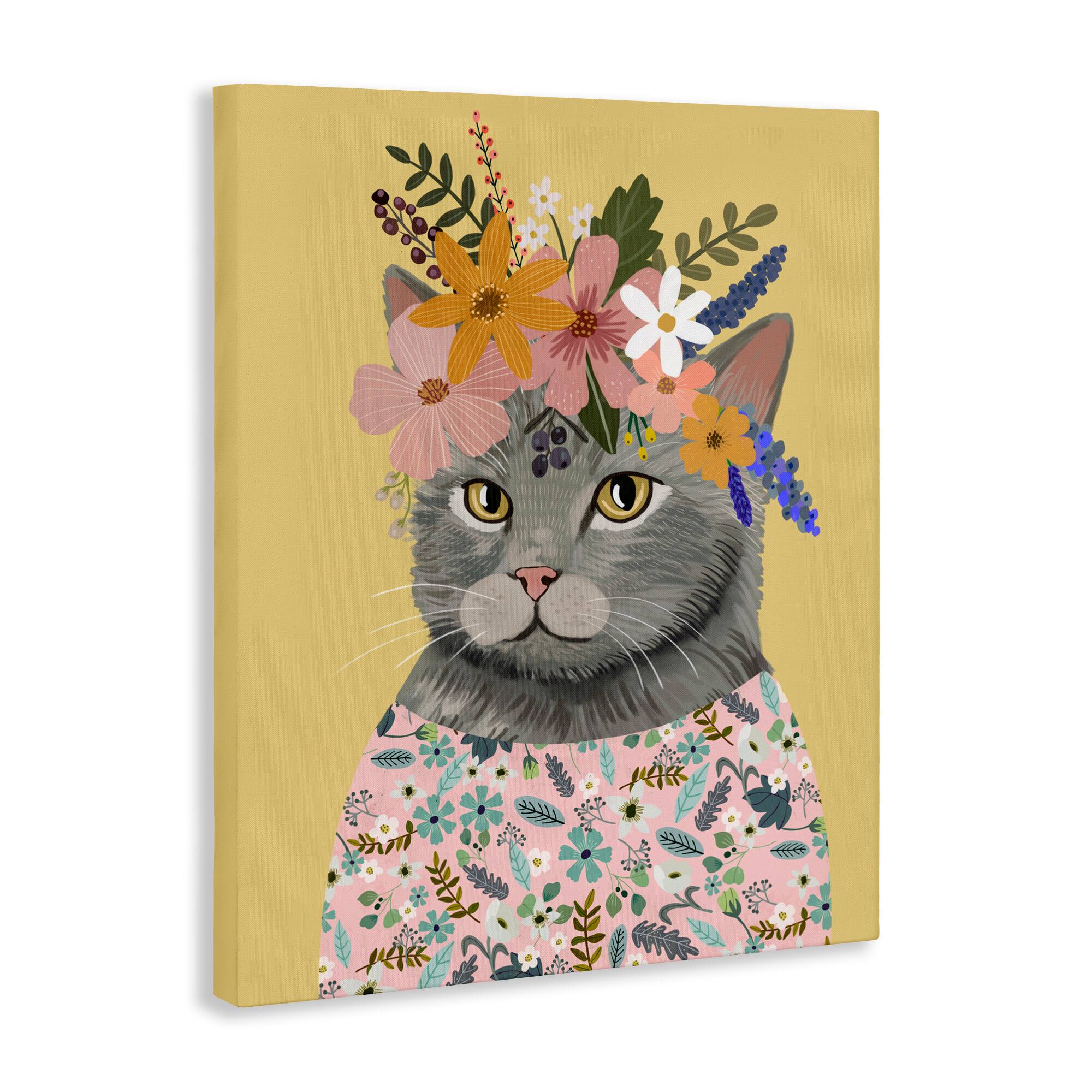 Stupell Industries Spring Cat Floral Portrait Canvas Wall Art